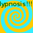 Four yellow and cyan spiral patterns arranged in a with "Hypnosis!!!" text repeated at top and bottom on a blue background