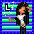 Pixel art character with long black hair, white crop top, black checkered pants, and a raised hand gesture against striped background with white stars and blue border.