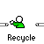 Animated sequence showing a green figure with white head and orange crown-like elements interacting with 'Recycle' text above mechanical arms.