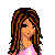 Pixel art contact sheet showing four frames of an animated AIM buddy icon featuring a cartoon woman with long brown hair and pink clothing, accompanied by text elements.