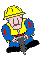 A cartoon construction worker in a yellow hard hat and blue overalls with red patches, holding a jackhammer against a gray background.