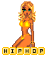 Pixelated female character with blonde hair and orange skin in bikini-style outfit, seated pose with text "HIPHOP" below, gray background.