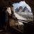 Pixelated image of a person holding a large transparent object with mountain scenery inside, set against a dark background.