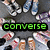A pixelated image of multiple figures in blue sneakers and white socks arranged around text elements.