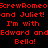Red pixelated text on black background repeats 'ScrewRomeo and Juliet! I'm with Edward and Bella!' in two