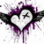 A heart-shaped icon with black wings and a skull face, featuring purple splatter effects on white background.