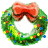 A circular green wreath with colorful star-shaped decorations and a large red bow at the top, rendered in pixelated style.