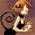Pixelated image of a figure with light brown hair holding a large spiral shell, wearing a black top against a muted brown background.