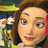 A 48x48 pixel animated contact sheet showing two frames: a cartoon-style woman with brown hair and green eyes on the left, and a yellow stick figure running through an orange