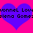 Two overlapping blue hearts on a bright pink background with pixelated text reading 'wonnell Love' and 'elena Gomez' across them.