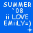 Blue background with white pixelated text reading 'SUMMER '08 ii LOVE EMiILY=)' and small symbols like +, *, ×, ., :, and dots changing across frames.