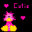 Pixel art icon of a pink and yellow cartoon character with two hearts, featuring the text "Cutie" in bright pink letters on a black background.
