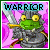 A 4-frame animated contact sheet showing a pixelated green frog warrior in silver armor holding a sword against a pink background with the word "WARRIOR" at the top of each frame.