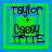 Four identical pixelated images of 'Taylor + Corey' text with 'TITTE' below, each in a green and blue layered square frame.