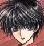 Pixelated close-up of a character with dark tousled hair and a light-colored face against a reddish background.