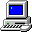 Pixelated 32x32 static icon of a retro desktop computer with blue screen and cyan cursor, gray casing, black-and-white keyboard, green power button, and partial mouse on right side.