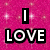 Pink glittery background with white text reading "I LOVE U!" in bold, blocky letters.