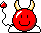 Red circular pixelated figure with yellow horns, white cloud base, and black smile on gray background; two identical figures side-by-side.