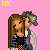 Pixel art buddy icon set with pink background showing two characters embracing, text phrases, and animated heart symbols in various positions.