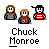 Pixelated cartoon characters with orange hair and gray/black clothing appear in multiple poses above text reading 'Chuck Monroe' on a light gray background.