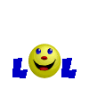 Yellow circular face with blue eyes and red mouth surrounded by blue L-shaped elements on white background.