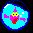 Pixelated circular icon with blue border showing a pink character with yellow face and red mouth against light blue background.
