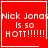 Red square icon with white text "Nick Jonas Is so HOT!" and multiple exclamation marks, featuring a heart symbol in top-right corner of one frame and a starburst symbol in bottom-right corner of another frame.