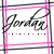 A stylized script text 'Jordyn' in black with pink and gray lines, featuring a dotted line of alternating pink and black dots below the text