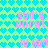 Pixelated text 'syd's work!' and '19 syd' in pink on a repeating heart-patterned background of cyan and light green.
