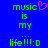 Blue background with green pixelated text reading 'music is my life!!!:D' and a pink heart symbol replacing the 'o' in 'music' on the left side.