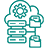 Teal pixelated icon showing a cloud with gear symbol above three stacked server racks connected to two document folders via lines on light gray background.