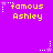 Purple background with yellow text 'famous Ashley' repeated six times, each surrounded by white and purple star-shaped pixel clusters.