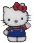 Pixelated Hello Kitty avatar with red bow, blue overalls, and white body waving left arm against white background.