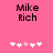Pink background with black text 'Mike Rich' and five white/pink heart icons below, showing animation changes in heart positions.