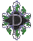 Six diamond-shaped icons arranged in two of three, each featuring a central silver 'D' on a dark gray diamond, surrounded by green leafy patterns and blue decorative borders