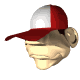 Animated sequence of a stylized head wearing red and white cap, showing facial expressions including mouth opening and tongue movement.