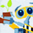 Pixelated cartoon robot with large blue eyes holds a brown pot with green sprout against light background.