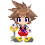 A 4x3 contact sheet of pixel art frames showing a chibi character with brown spiky hair, blue eyes, red shorts, yellow shoes, and a black-and-white jacket holding two white circular objects on sticks against a gray background.