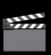 A black-and-white clapperboard animation with striped top halves in three states: open, closed, and partially open.