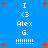 Blue background with red plus signs; white text 'I <3 Alex G.' and '!!!!!!!!' in pixelated font, repeated twice with slight vertical shifts.