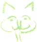 Green pixelated cat face with triangular ears, two circular eyes, a curved nose, and a wide smile on white background.