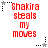 Red text "Shakira steals my moves" on white background with black and gray star icons in corners, animated by changing star colors.