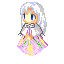 Pixel art character with white hair and blue eyes in a pink and yellow dress, hands clasped in front, displayed in four showing subtle pose changes