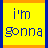 Pixelated yellow background with blue borders and orange stripes, displaying blue text and a cartoon character.