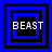 Four blue and black square frames with 'BEAST' text in white pixelated font, each frame showing different blue square layering configurations.
