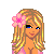 Pixel art contact sheet showing three frames of a cartoon girl with blonde hair, pink flower in hair, blue jeans, and pink purse against white background.