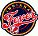 Circular pixelated icon with dark blue background, red and white stylized text overlay, yellow-orange border rings, and multicolored accents.
