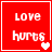 Red square icon with white text 'LOVE hurts' and heart symbols varying across four