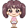 Pixel art character with brown pigtails, pink shirt, white shorts, and brown shoes in four variations showing open eyes, closed eyes, and different head angles.