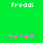 Green background with white text 'Freddi' at top, pink and gray pixelated flower shapes below, two identical arrangements of flowers in left and right sections.